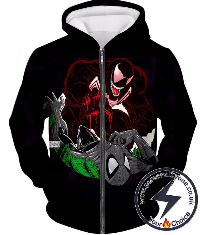 Cool Carnage Vs Black Spiderman Black Action Zip Up Hoodie